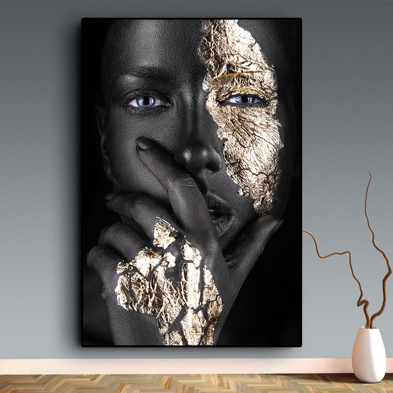 Living Room Wall Art- Black & Gold Woman. Painting Photo Canvas Print. WickedYo